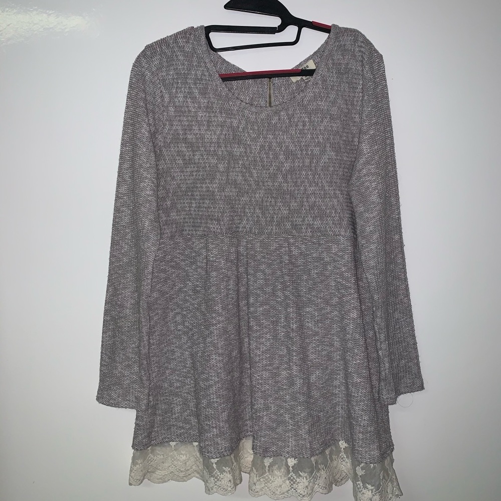 Umgee Gray Long Sleeve Dress with Lace Hem
